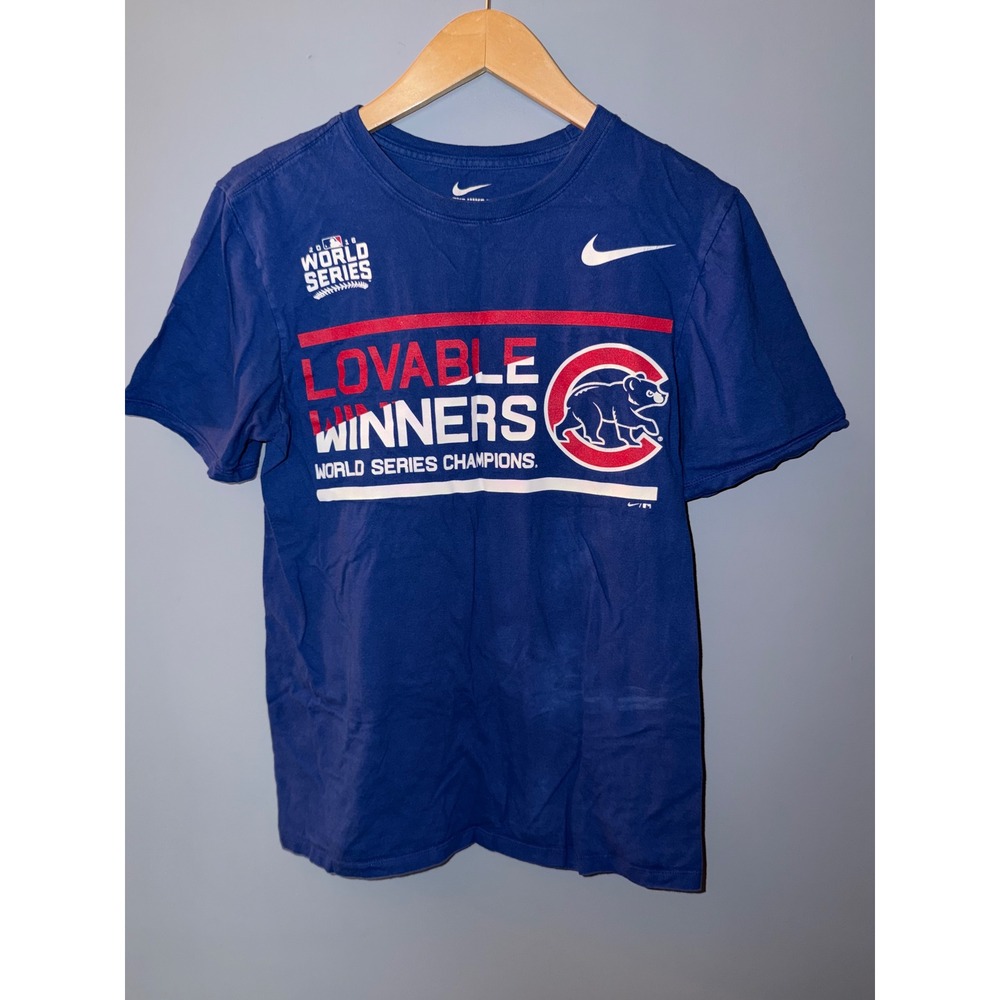 Nike Chicago Cubs 2016 World Series Champions T-Shirt Lovable Winners Blue Small
